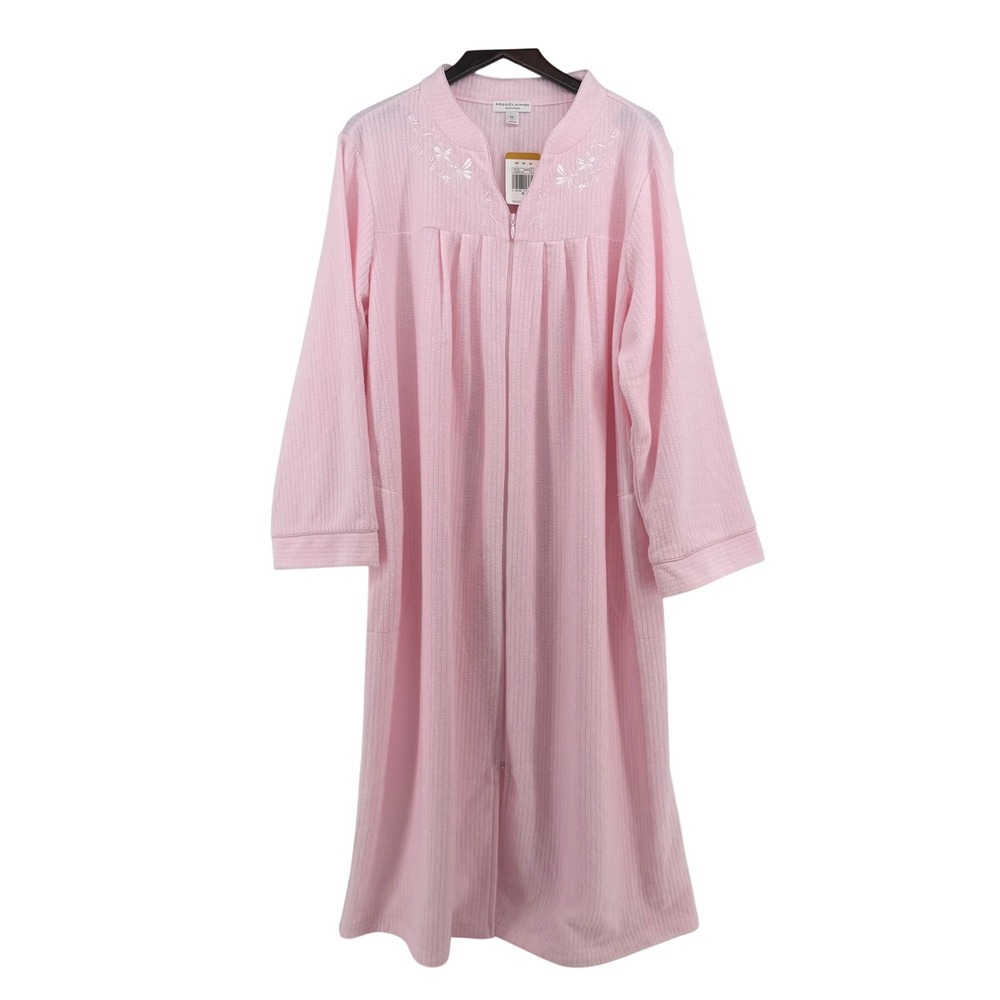 NWT Miss Elaine Essentials Pink Ribbed Zip Front Robe Floral Embroidery 3X ($89)
